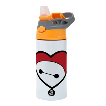 Baymax heart, Children's hot water bottle, stainless steel, with safety straw, Orange/Grey (360ml) BPA-FREE