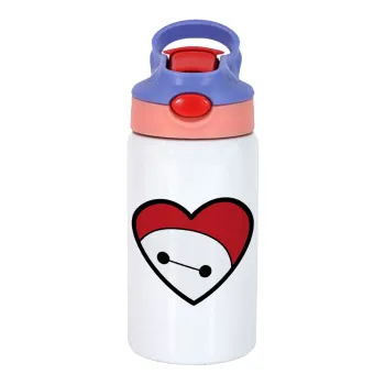 Baymax heart, Παιδικό παγούρι θερμό, ανοξείδωτο, με καλαμάκι ασφαλείας, ροζ/μωβ (350ml)