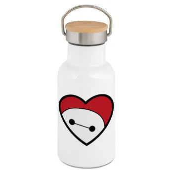 Baymax heart, Μεταλλικό παγούρι θερμός (Stainless steel) Λευκό με ξύλινο καπακι (bamboo), διπλού τοιχώματος, 350ml