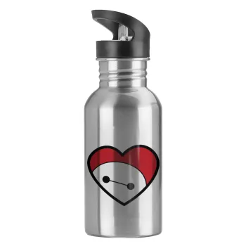 Baymax heart, Water bottle Silver with straw, stainless steel 600ml