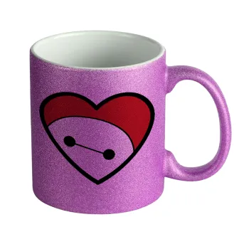 Baymax heart, Κούπα Μωβ Glitter που γυαλίζει, κεραμική, 330ml