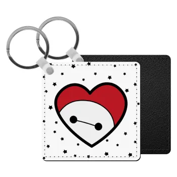 Baymax heart, Μπρελόκ Δερματίνη, τετράγωνο ΜΑΥΡΟ (5x5cm)