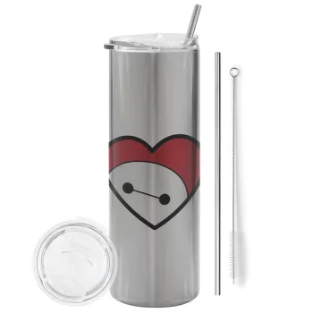 Baymax heart, Tumbler stainless steel Silver 600ml, with metal straw & cleaning brush