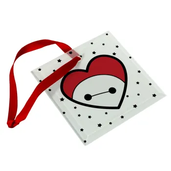 Baymax heart, Christmas ornament, glass square ornament 9x9cm