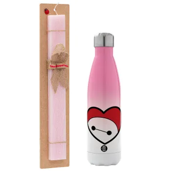 Baymax heart, Easter Set, Metallic pink/white (Stainless steel) thermos, double-walled, 500ml & aromatic flat Easter candle (30cm) (PINK)