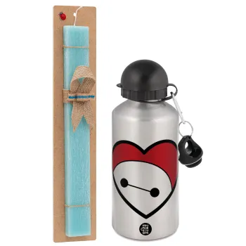 Baymax heart, Πασχαλινή Λαμπάδα με παγούρι μεταλλικό Ασημένιο αλουμινίου (500ml) & κερί αρωματικό πλακέ (30cm) (ΤΙΡΚΟΥΑΖ)