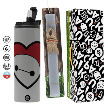 Baymax heart, Πασχαλινή Λαμπάδα με Travel Tumbler θερμό (600ml, BPA free) & κερί αρωματικό πλακέ (30cm) (ΓΚΡΙ)