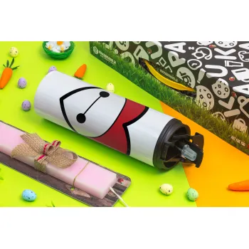 Baymax heart, Πασχαλινή Λαμπάδα με Travel Tumbler θερμό με διπλό καπάκι (600ml, BPA free) & κερί αρωματικό πλακέ (30cm) (ΡΟΖ)