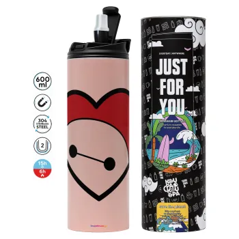 Baymax heart, Tumbler ποτήρι θερμό ΡΟΖ από ανοξείδωτο ατσάλι 600ml