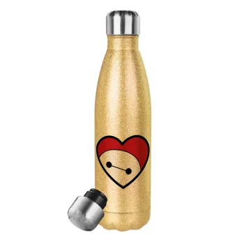 Baymax heart, Glitter gold stainless steel thermos bottle, double-walled, 500ml
