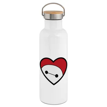 Baymax heart, Stainless steel White with wooden lid (bamboo), double wall, 750ml