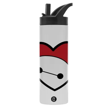 Baymax heart, Metallic thermos bottle with straw & handle, stainless steel (Stainless steel 304), double-walled, 600ml.