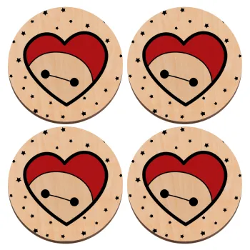 Baymax heart, ΣΕΤ x4 Σουβέρ ξύλινα στρογγυλά plywood (9cm)