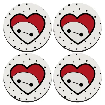Baymax heart, SET of 4 round wooden coasters (9cm)