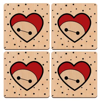 Baymax heart, ΣΕΤ x4 Σουβέρ ξύλινα τετράγωνα plywood (9cm)