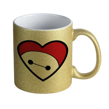 Baymax heart, Κούπα Χρυσή Glitter που γυαλίζει, κεραμική, 330ml