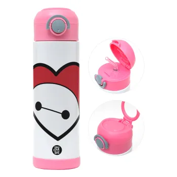 Baymax heart, Παιδικό παγούρι θερμό, ανοξείδωτο, με καλαμάκι ασφαλείας, ΡΟΖ (500ml)