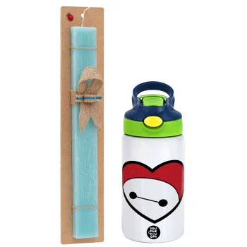 Baymax heart, Easter Set, Children's thermal stainless steel bottle with safety straw, green/blue (350ml) & aromatic flat Easter candle (30cm) (TURQUOISE)