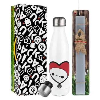 Baymax heart, Easter candle, metallic white thermos bottle (500ml) & aromatic flat candle (30cm) (GRAY)