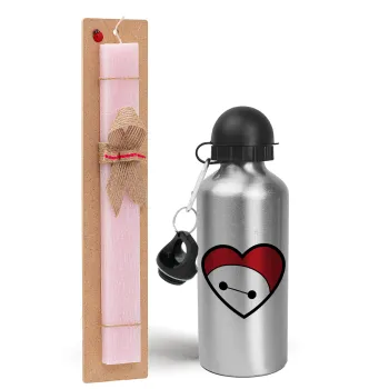 Baymax heart, Easter Set, metallic Silver aluminum water bottle (500ml) & scented flat Easter candle (30cm) (PINK)
