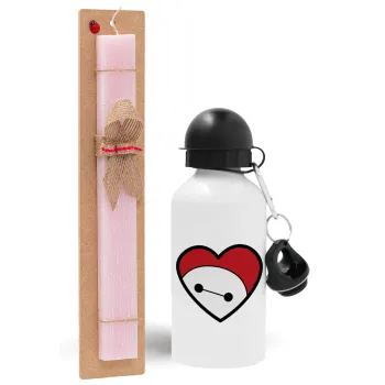 Baymax heart, Πασχαλινή Λαμπάδα με παγούρι μεταλλικό αλουμινίου (500ml) & κερί αρωματικό πλακέ (30cm) (ΡΟΖ)