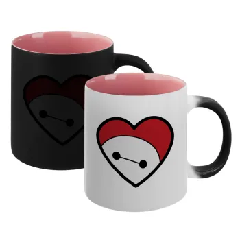 Baymax heart, Κούπα Μαγική εσωτερικό ΡΟΖ, κεραμική 330ml που αλλάζει χρώμα με το ζεστό ρόφημα