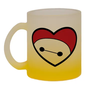 Baymax heart, Κούπα γυάλινη δίχρωμη με βάση το κίτρινο ματ, 330ml