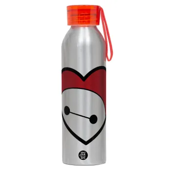 Baymax heart, Αλουμινένιο Αθλητικό Μπουκάλι 650ml – Ασημί με Κόκκινο Καπάκι και Λουράκι Σιλικόνης
