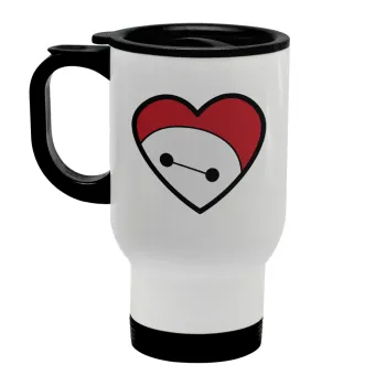 Baymax heart, Stainless steel travel mug with lid, double wall white 450ml
