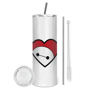 Baymax heart, Tumbler ποτήρι θερμό από ανοξείδωτο ατσάλι 600ml, με μεταλλικό καλαμάκι & βούρτσα καθαρισμού