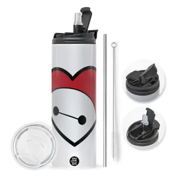Baymax heart, Travel Tumbler θερμό με διπλό καπάκι, μεταλλικό καλαμάκι και βούρτσα καθαρισμού (Ανωξείδωτο 304 Food grade, BPA free, 600ml)