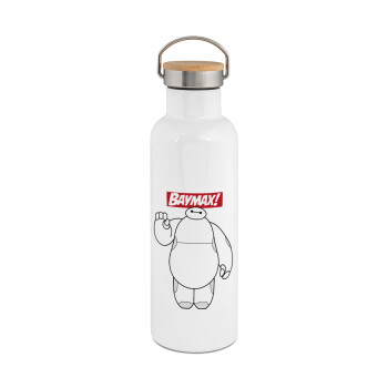 Baymax hi, Stainless steel White with wooden lid (bamboo), double wall, 750ml