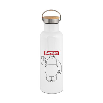 Baymax hi, Μεταλλικό παγούρι θερμός (Stainless steel) Λευκό με ξύλινο καπάκι (bamboo), διπλού τοιχώματος, 750ml