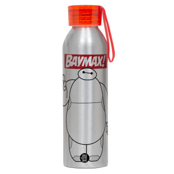 Baymax hi, Αλουμινένιο Αθλητικό Μπουκάλι 650ml – Ασημί με Κόκκινο Καπάκι και Λουράκι Σιλικόνης