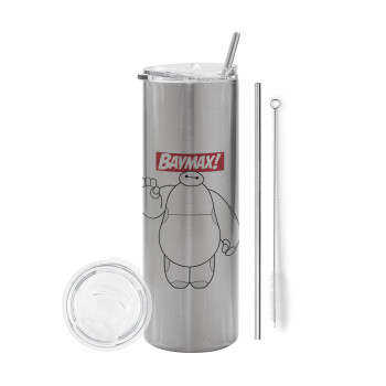 Baymax hi, Eco friendly stainless steel Silver tumbler 600ml, with metal straw & cleaning brush