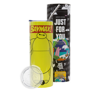 Baymax hi, Neon Yellow Travel Tumbler, with metal straw (Stainless steel 304 Food grade, BPA free, 600ml)