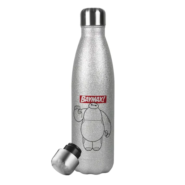 Baymax hi — Metallic Glitter Silver Thermos Flask (Stainless steel), double-walled, 500ml