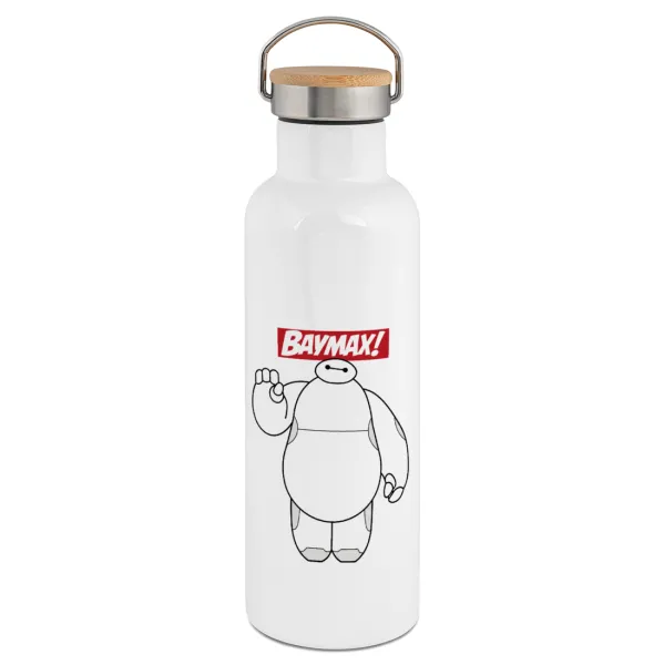 Baymax hi — Μεταλλικό παγούρι θερμός (Stainless steel) Λευκό με ξύλινο καπάκι (bamboo), διπλού τοιχώματος, 750ml