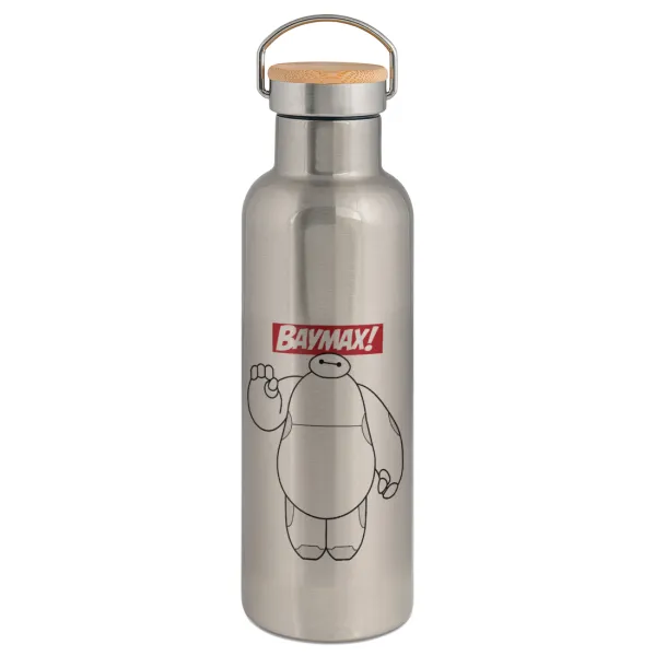 Baymax hi — Stainless steel Silver with wooden lid (bamboo), double wall, 750ml