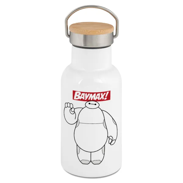 Baymax hi — Metallic thermos (Stainless steel) White with wooden lid (bamboo), double-walled, 350ml