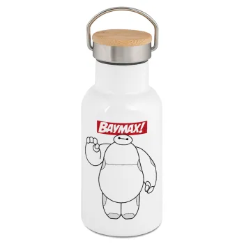 Baymax hi, Μεταλλικό παγούρι θερμός (Stainless steel) Λευκό με ξύλινο καπακι (bamboo), διπλού τοιχώματος, 350ml