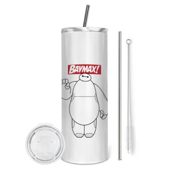 Baymax hi, Tumbler ποτήρι θερμό από ανοξείδωτο ατσάλι 600ml, με μεταλλικό καλαμάκι & βούρτσα καθαρισμού