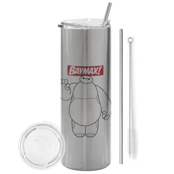 Baymax hi, Tumbler stainless steel Silver 600ml, with metal straw & cleaning brush