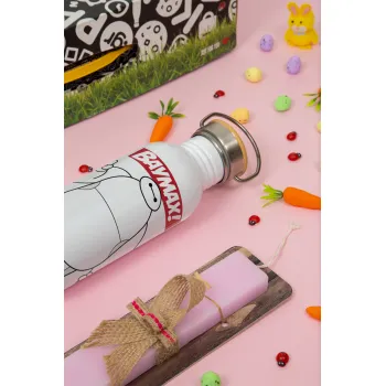 Baymax hi, Πασχαλινή Λαμπάδα με παγούρι μεταλλικό (620ml, stainless steel) & κερί αρωματικό πλακέ (30cm) (ΡΟΖ)