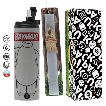 Baymax hi, Πασχαλινή Λαμπάδα με Travel Tumbler θερμό (600ml, BPA free) & κερί αρωματικό πλακέ (30cm) (ΓΚΡΙ)