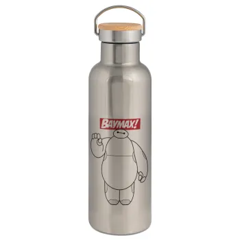 Baymax hi, Μεταλλικό παγούρι θερμός (Stainless steel) Ασημένιο με ξύλινο καπακι (bamboo), διπλού τοιχώματος, 750ml