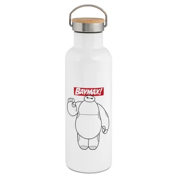 Baymax hi, Stainless steel White with wooden lid (bamboo), double wall, 750ml