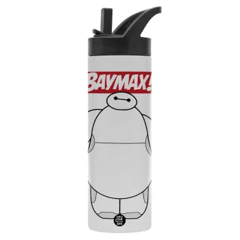 Baymax hi, Metallic thermos bottle with straw & handle, stainless steel (Stainless steel 304), double-walled, 600ml.