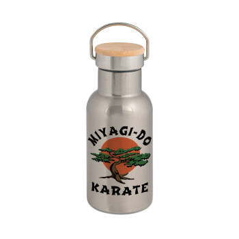 Miyagi-do karate, Μεταλλικό παγούρι θερμός (Stainless steel) Ασημένιο με ξύλινο καπακι (bamboo), διπλού τοιχώματος, 350ml