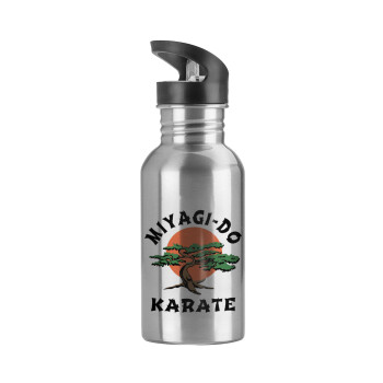 Miyagi-do karate, Water bottle Silver with straw, stainless steel 600ml